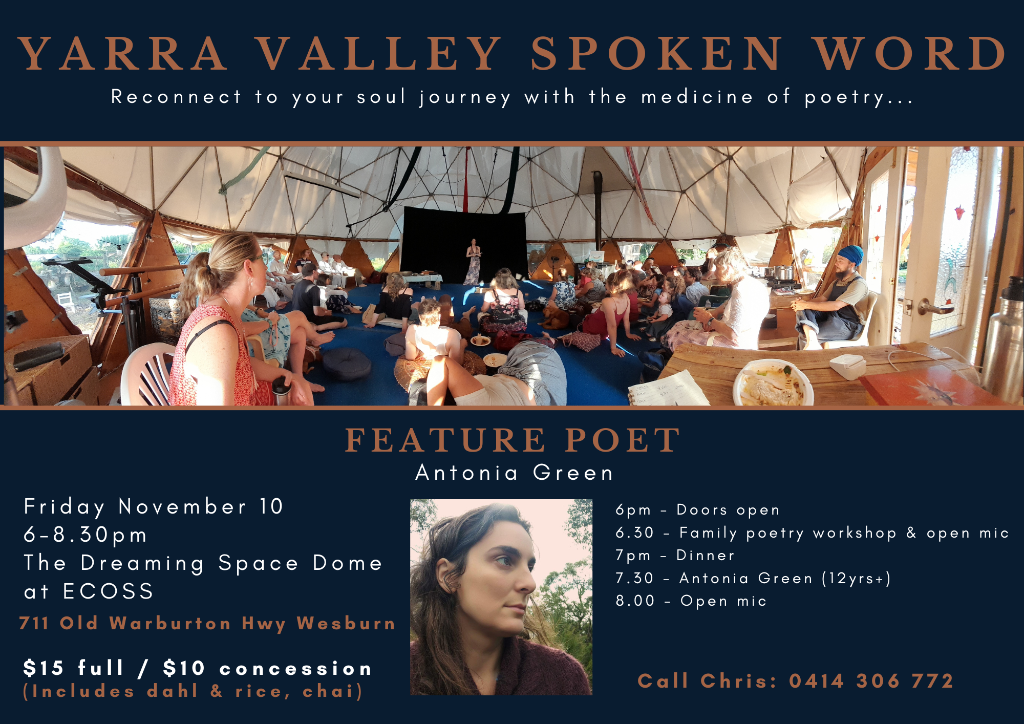Yarra Valley Spoken Word Flyer November 2023 Antonia Green